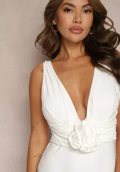 Biały Strój Kąpielowy Jednoczęściowy Ozdobiony Aplikacją Kwiatu 3D z Usztywnieniem Seliris