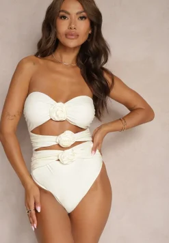 Biały Strój Kąpielowy Jednoczęściowy Bez Ramiączek z Aplikacją Kwiatu Nansilah