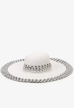 Biały Szeroki Kapelusz Ozdobiony Przeszyciami z Naturalnej Plecionki Nellaila