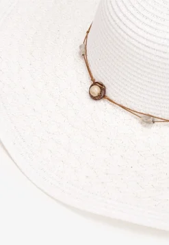 Biały Szeroki Kapelusz Pleciony ze Sznurkiem z Kamyczkami Chira