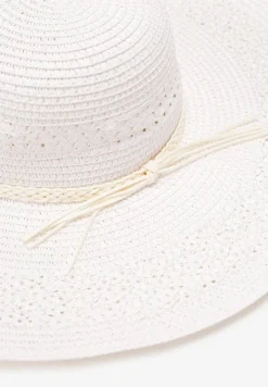 Biały Szeroki Kapelusz z Plecionki z Dodatkowymi Rzemykami Dorinemia