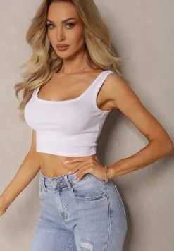 Biały Tank Top z Elastycznej Bawełny z Głębokim Dekoltem Omaliana