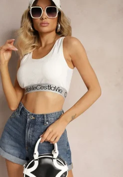 Biały Top Sportowy Biustonosz Elastyczny Prążkowany z Ozdobną Gumą Waslema