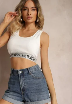 Biały Top Sportowy Biustonosz Elastyczny Prążkowany z Ozdobną Gumą Waslema