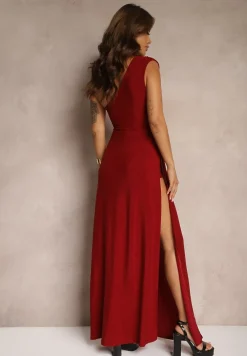 Bordowa Brokatowa Sukienka Maxi z Asymetryczną Górą i Rozkloszowanym Dołem Eulita