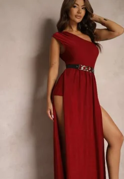 Bordowa Brokatowa Sukienka Maxi z Asymetryczną Górą i Rozkloszowanym Dołem Eulita