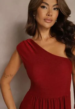 Bordowa Brokatowa Sukienka Maxi z Asymetryczną Górą i Rozkloszowanym Dołem Eulita