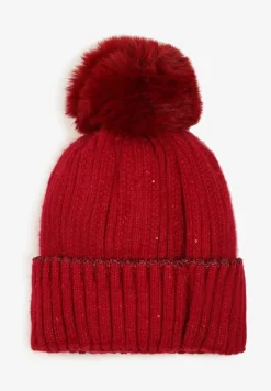 Bordowa Czapka Beanie Ozdobiona Metaliczną Nicią i Pomponem Delasirra