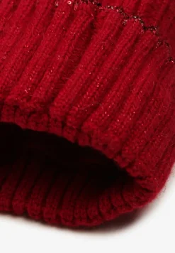 Bordowa Czapka Beanie Ozdobiona Metaliczną Nicią i Pomponem Delasirra