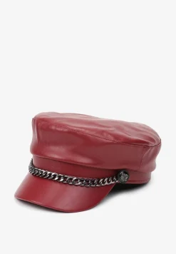 Bordowa Czapka z Daszkiem Kaszkiet z Imitacji Skóry z Ozdobnym Łańcuszkiem Raraya
