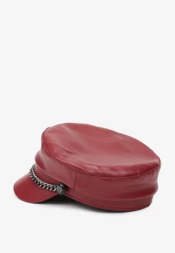 Bordowa Czapka z Daszkiem Kaszkiet z Imitacji Skóry z Ozdobnym Łańcuszkiem Raraya