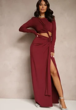 Bordowa Dopasowana Sukienka z Rozcięciem z Tyłu Marszczeniem i Wycięciem w Talii Ililia