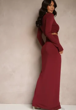 Bordowa Dopasowana Sukienka z Rozcięciem z Tyłu Marszczeniem i Wycięciem w Talii Ililia