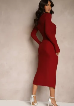 Bordowa Elegancka Sukienka z Metalicznym Efektem i Ozdobnymi Marszczeniami Issaniea