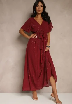 Bordowa Koktajlowa Brokatowa Sukienka z Paskiem Addlea