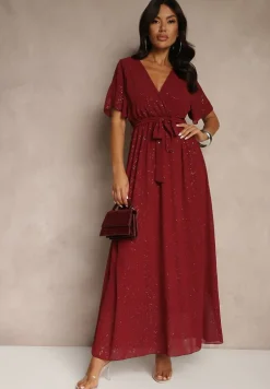 Bordowa Koktajlowa Brokatowa Sukienka z Paskiem Addlea