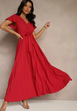 Bordowa Koktajlowa Maxi Sukienka Ozdobiona Plisami z Trójkątnym Dekoltem i Wiązaniem w Talii Phoelia