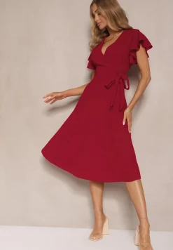 Bordowa Kopertowa Sukienka z Rozkloszowanym Dołem i Ozdobnym Wiązaniem Dannola
