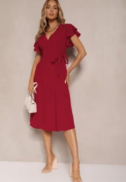 Bordowa Kopertowa Sukienka z Rozkloszowanym Dołem i Ozdobnym Wiązaniem Dannola