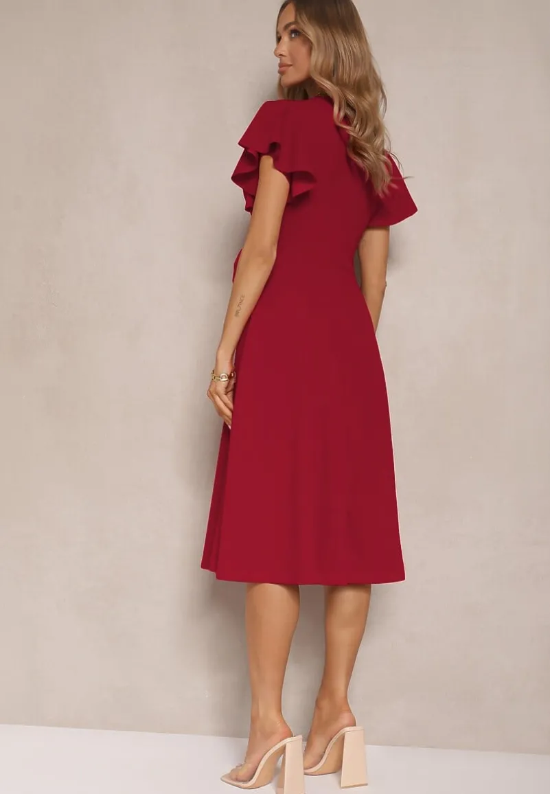 Bordowa Kopertowa Sukienka z Rozkloszowanym Dołem i Ozdobnym Wiązaniem Dannola