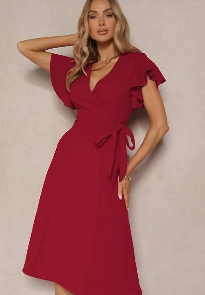 Bordowa Kopertowa Sukienka z Rozkloszowanym Dołem i Ozdobnym Wiązaniem Dannola