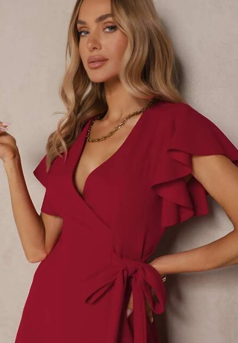 Bordowa Kopertowa Sukienka z Rozkloszowanym Dołem i Ozdobnym Wiązaniem Dannola