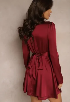 Bordowa Satynowa Sukienka Mini z Falbankami i Paskiem z Tyłu w Talii Catriona