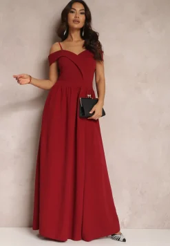 Bordowa Sukienka Koktajlowa z Głębokim Dekoltem Maxi Gelfe