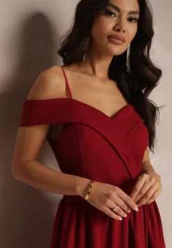 Bordowa Sukienka Koktajlowa z Głębokim Dekoltem Maxi Gelfe