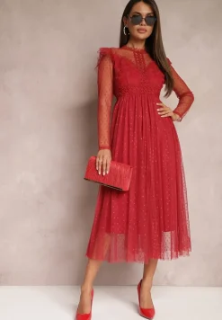 Bordowa Sukienka z Koronką i Tiulem Welvia