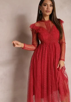 Bordowa Sukienka z Koronką i Tiulem Welvia