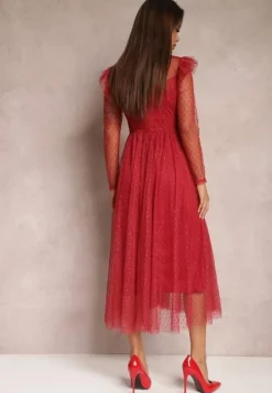 Bordowa Sukienka z Koronką i Tiulem Welvia