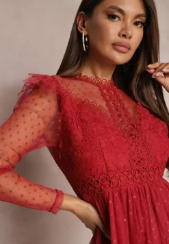 Bordowa Sukienka z Koronką i Tiulem Welvia