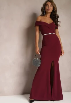 Bordowa Taliowana Sukienka Maxi z Rozcięciem Perlina