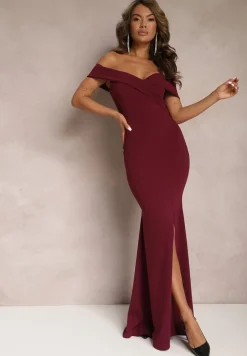 Bordowa Taliowana Sukienka Maxi z Rozcięciem Perlina