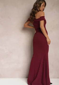 Bordowa Taliowana Sukienka Maxi z Rozcięciem Perlina