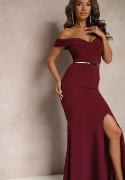 Bordowa Taliowana Sukienka Maxi z Rozcięciem Perlina