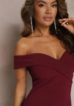 Bordowa Taliowana Sukienka Maxi z Rozcięciem Perlina