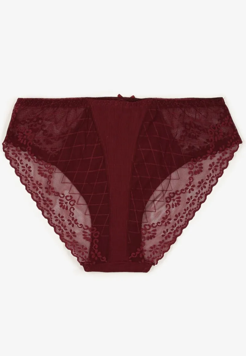 Bordowe Majtki Typu Figi z Bawełny Ozdobione Koronką Emmoi