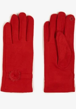 Bordowe Rękawiczki Dzianinowe z Dodatkiem Bawełny Ozdobione Pomponem Zinnatra