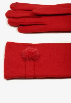 Bordowe Rękawiczki Dzianinowe z Dodatkiem Bawełny Ozdobione Pomponem Zinnatra