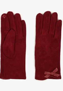 Bordowe Rękawiczki Dzianinowe z Bawełną Ozdobione Kokardą Filremi