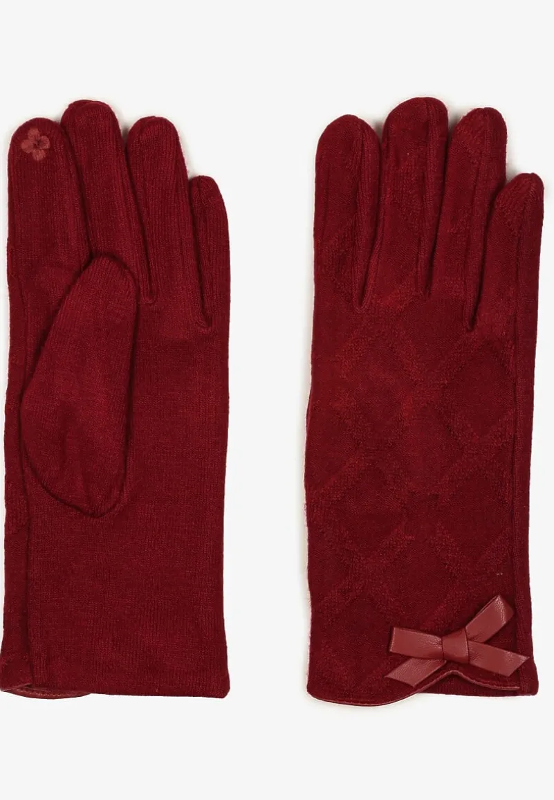 Bordowe Rękawiczki Dzianinowe z Bawełną Ozdobione Kokardą Filremi