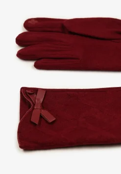 Bordowe Rękawiczki Dzianinowe z Bawełną Ozdobione Kokardą Filremi