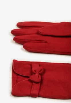 Bordowe Rękawiczki Dzianinowe z Bawełną Ozdobione Kokardą Tessemi