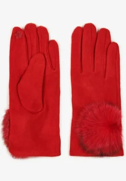Bordowe Rękawiczki z Bawełną Ozdobione Futrzanym Pomponem Nadelina