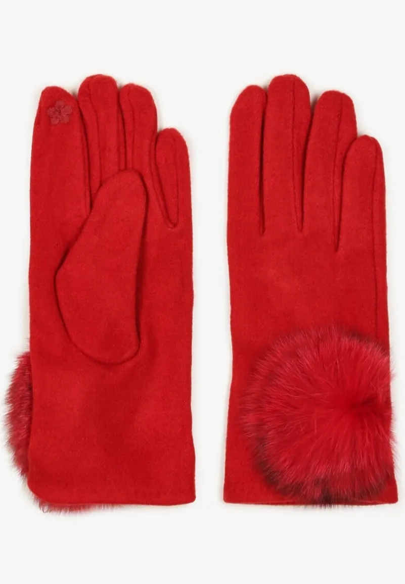 Bordowe Rękawiczki z Bawełną Ozdobione Futrzanym Pomponem Nadelina