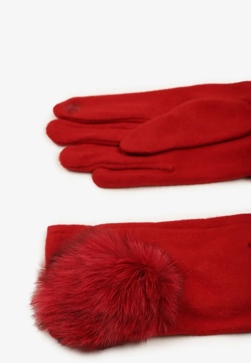 Bordowe Rękawiczki z Bawełną Ozdobione Futrzanym Pomponem Nadelina