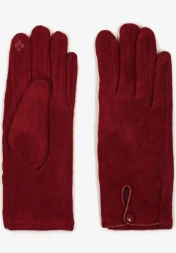 Bordowe Rękawiczki z Bawełną Ozdobione Rombami i Guzikiem Fenemi