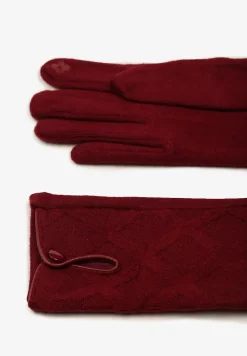 Bordowe Rękawiczki z Bawełną Ozdobione Rombami i Guzikiem Fenemi